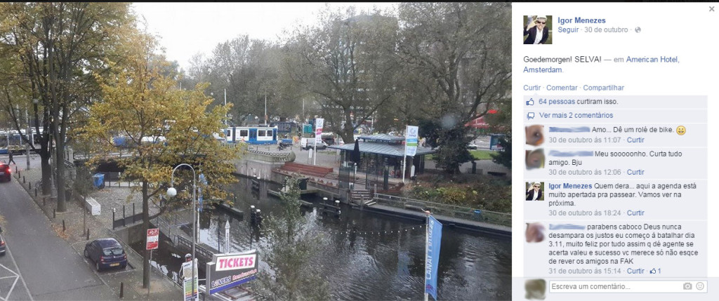 Imagem da cidade de Amsterdam, postada por Igor Menezes, e comentários de amigos dele na rede social