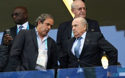 Germany v Portugal: Group G - 2014 FIFA World Cup Brazil...SALVADOR, BRAZIL - JUNE 16: UEFA President Michel Platini and FIFA President Joseph S. Blatter attend the 2014 FIFA World Cup Brazil Group G match between Germany and Portugal at Arena Fonte Nova on June 16, 2014 in Salvador, Brazil. (Photo by Jean Catuffe/Getty Images)