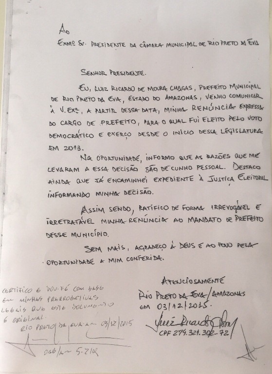 Carta renuncia prefeito rio preto da eva