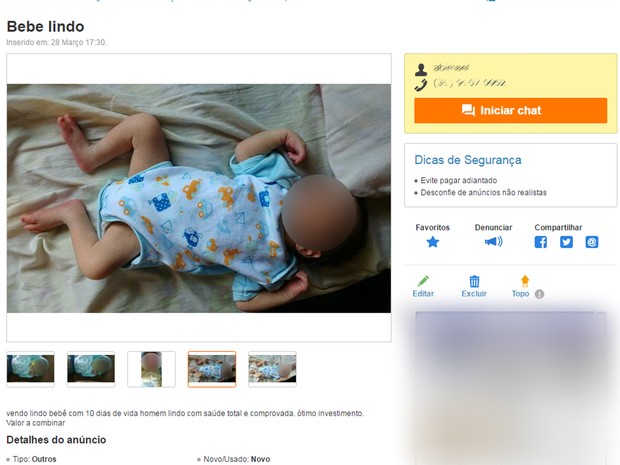 Anuncio venda de bebê Foto Reprodução OLX
