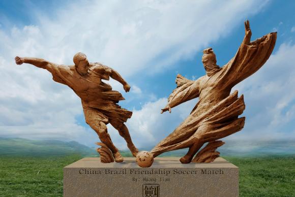 Escultura em bronze da artista Huang Jian representa uma disputa de bola entre Pelé e o imperador chinês Han Wu Divulgação Prefeitura do RJ