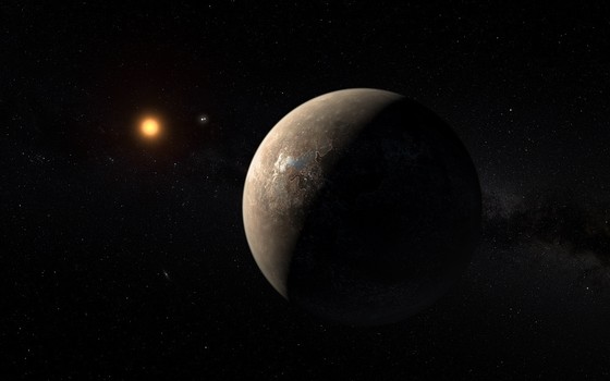 O planeta Próxima B e, ao fundo, a estrela Próxima Centauri Foto DivulgaçãoESOG. Coleman
