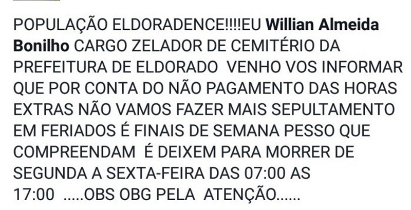 Aviso afixado no portão do cemitério foi postado por Willian Bonilho nas redes sociais (Foto: Facebook/Reprodução)