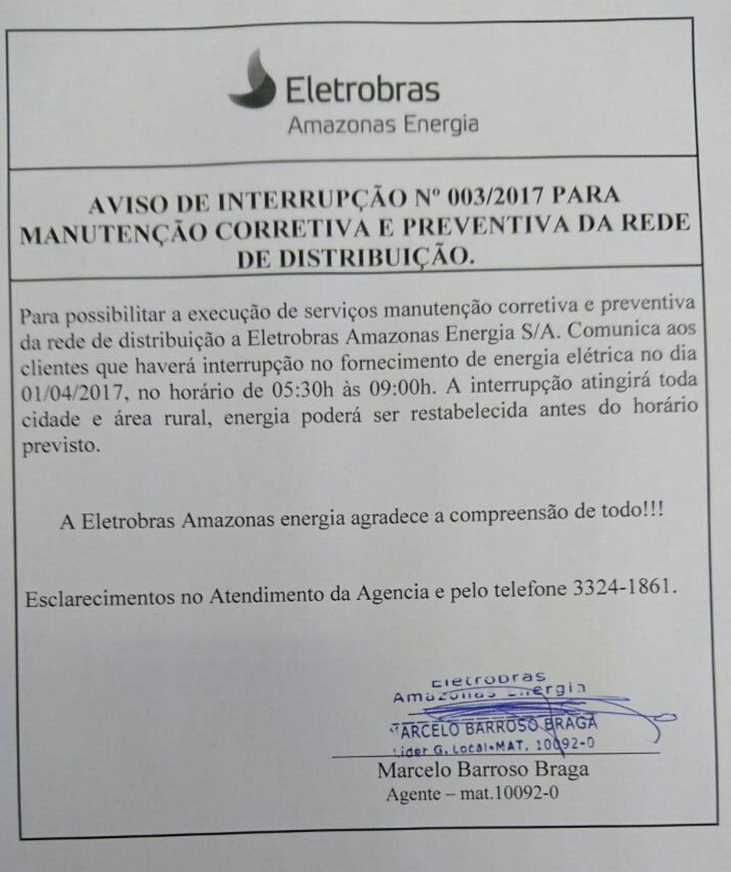 Eletrobras informou que aviso sobre corte de energia no dia 1º de abril é para Presidente Figueiredo, mas publicação cita Manaus