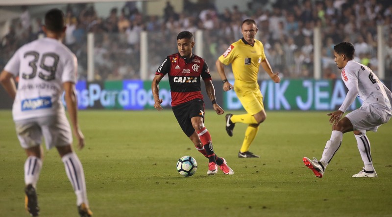 Árbitro Pedro Vuaden marcou pênalti e depois anulou a própria decisão no jogo entre Santos e Flamengo (Foto: Gilvan de Souza/Flamengo)
