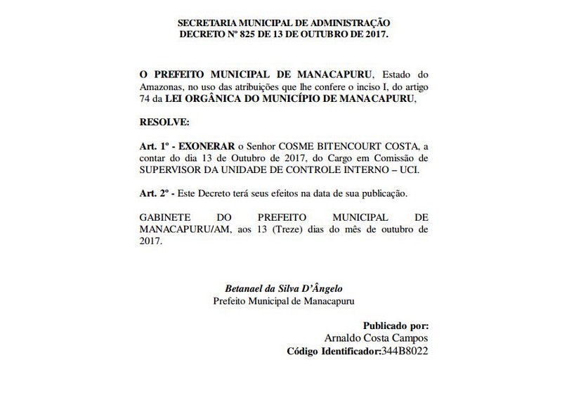 Decreto do prefeito de Manacapuru, Betanel D'ângelo, que exonerou funcionário da prefeitura
