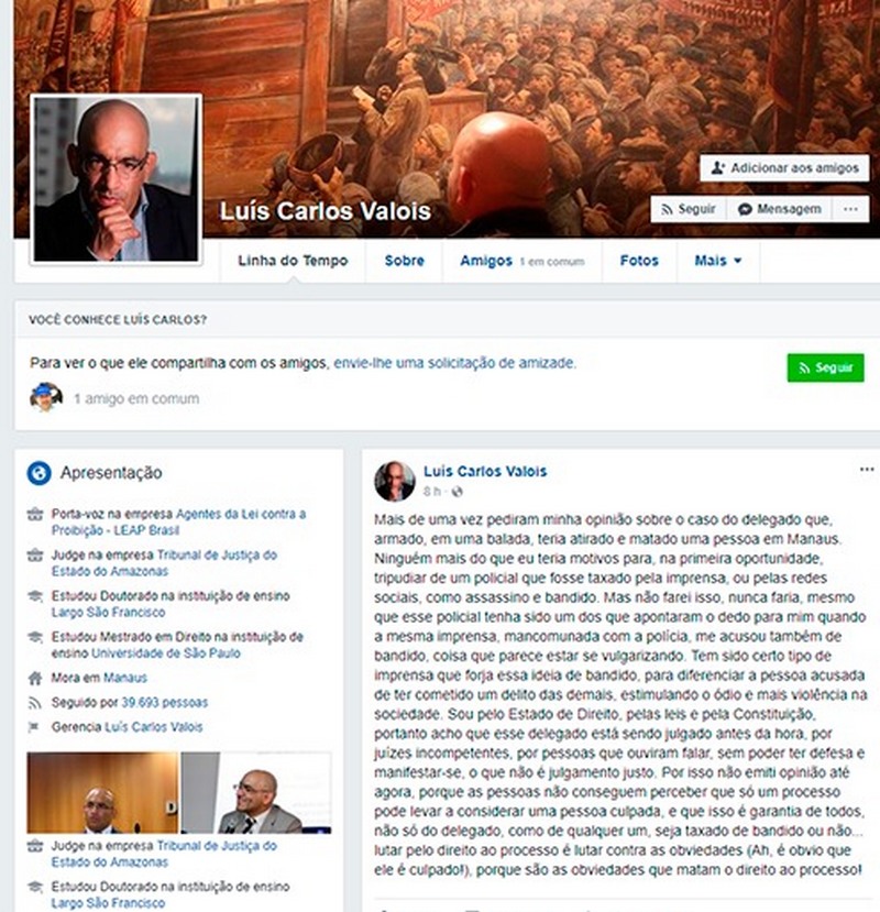 Juiz Luís Carlos Valois fez comentário em sua página no Facebook (Foto: Facebook/Reprodução)