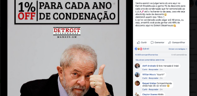 Postagem da franquia de Manaus no Facebook sobre promoção envolvendo o ex-presidente Lula (Foto: Reprodução)