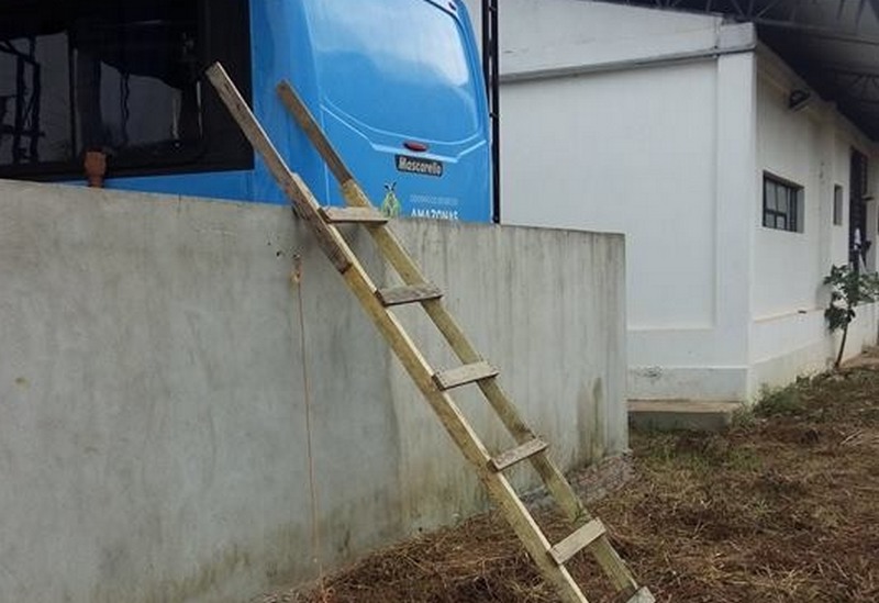 Ladrões usaram uma pequena escada para pular mureta e retirar baterias de ônibus (Foto: Apae/Divulgação)