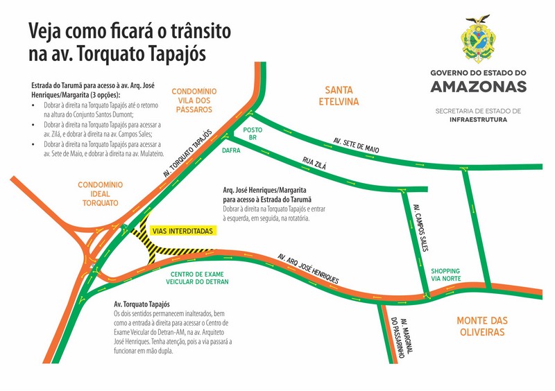 Mapa mostra como ficará trânsito na rotatória do Detran com, interdição de acesso à Avenida Torquato Tapajós 