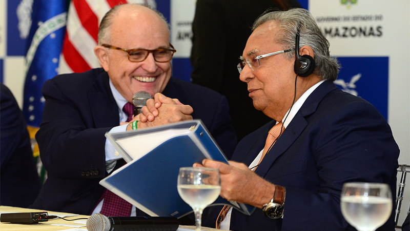 Rudolph Giuliani e o governador Amazonino Mendes falaram sobre segurança, mas não anunciaram medidas práticas (Foto: Clóvis Miranda/Secom)