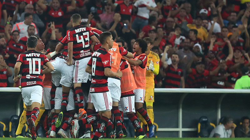 Jogadores comemoram gol de Éverton Ribeiro que garantiu vitória e classificação do Flamengo (Foto: Gilvan de Souza/Flamengo)