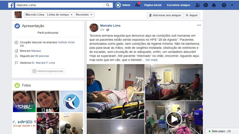 Em sua página no Facebook, médico Marcelo Lima expõe situação de caos no Hospital 28 de Agosto (Foto: Reprodução/Faceook)