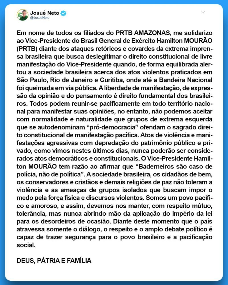 Josue Neto defende Mourão