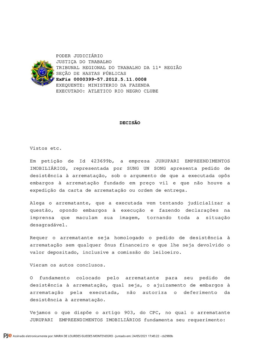 Trecho de despacho da juíza sobre anulação de venda da sede do Rio Negro