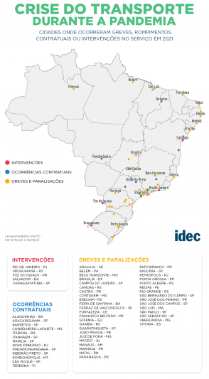 Cidades onde ocorreram greves, rompimentos contratuais ou intervenções no serviço em 2021 (Infográfico: Divulgação/Idec)