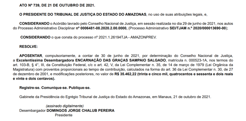 Ato de aposentadoria de Encarnação Sampaio Salgado