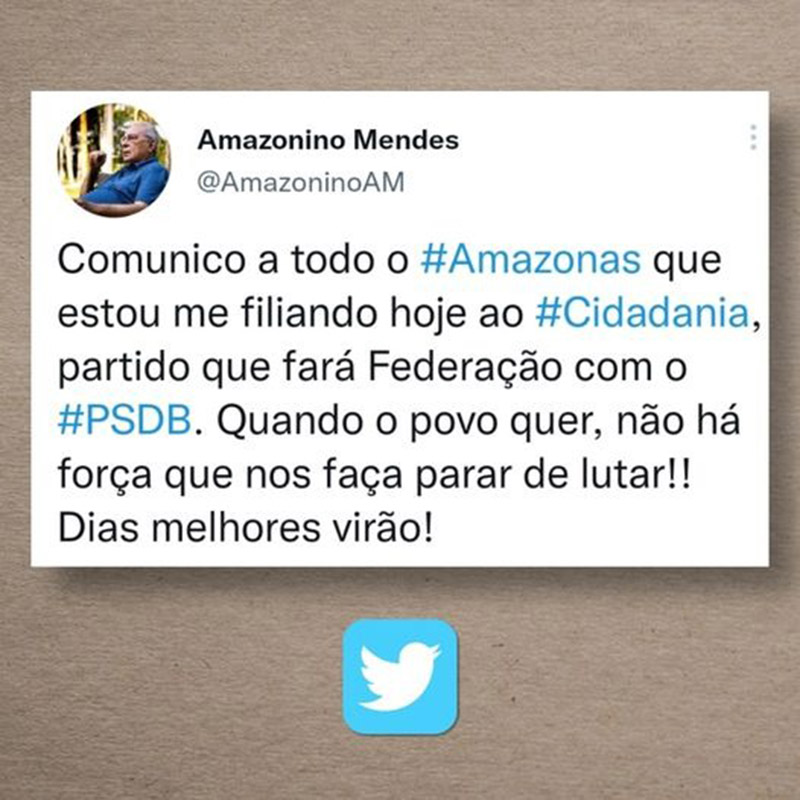 Postagem de Amazonino no Twitter