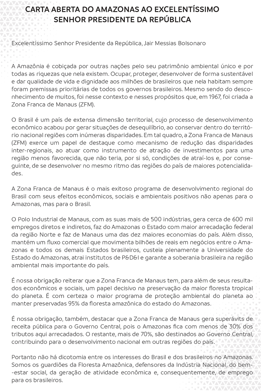 Carta aberta de políticos do Amazonas a Bolsonaro para revisar IPI