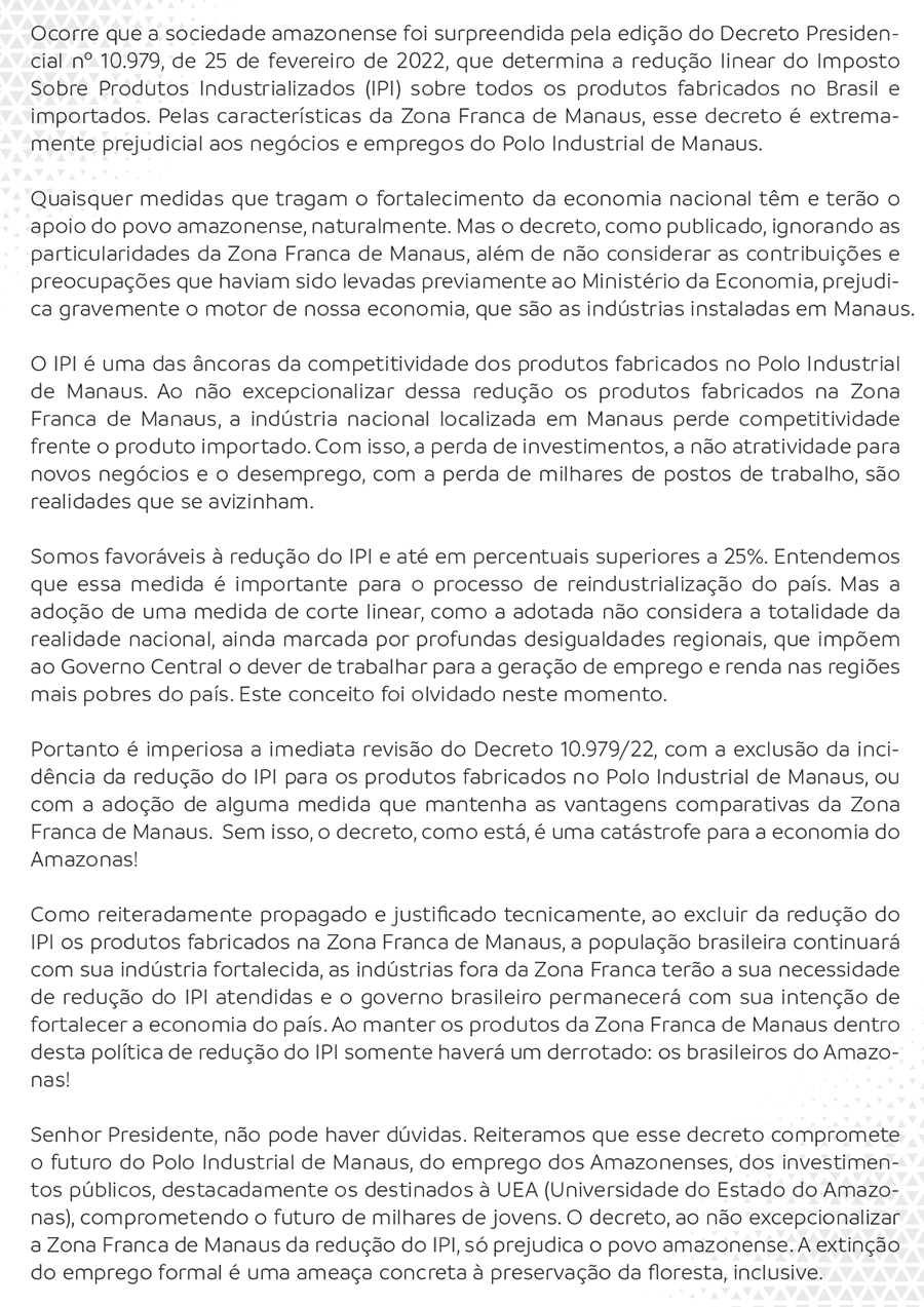 Carta aberta de políticos do Amazonas a Bolsonaro para revisar IPI