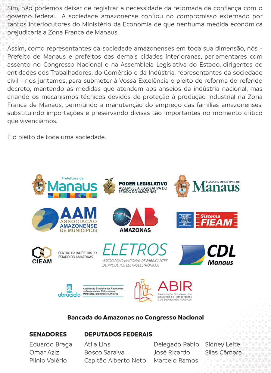 Carta aberta de políticos do Amazonas a Bolsonaro para revisar IPI