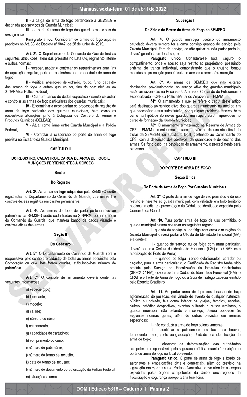 Resolução sobre uso de arma de fogo pela Guarda Municipal de Manaus