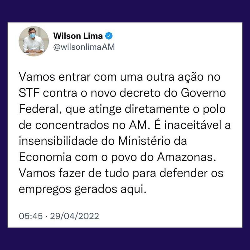 Manifestação de Wilson Lima nas redes sociais