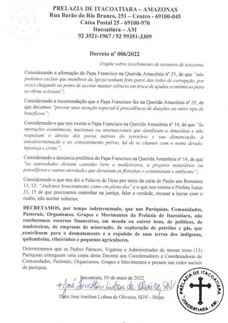 Carta de bispo de Itacoatiara com orientação às igrejas