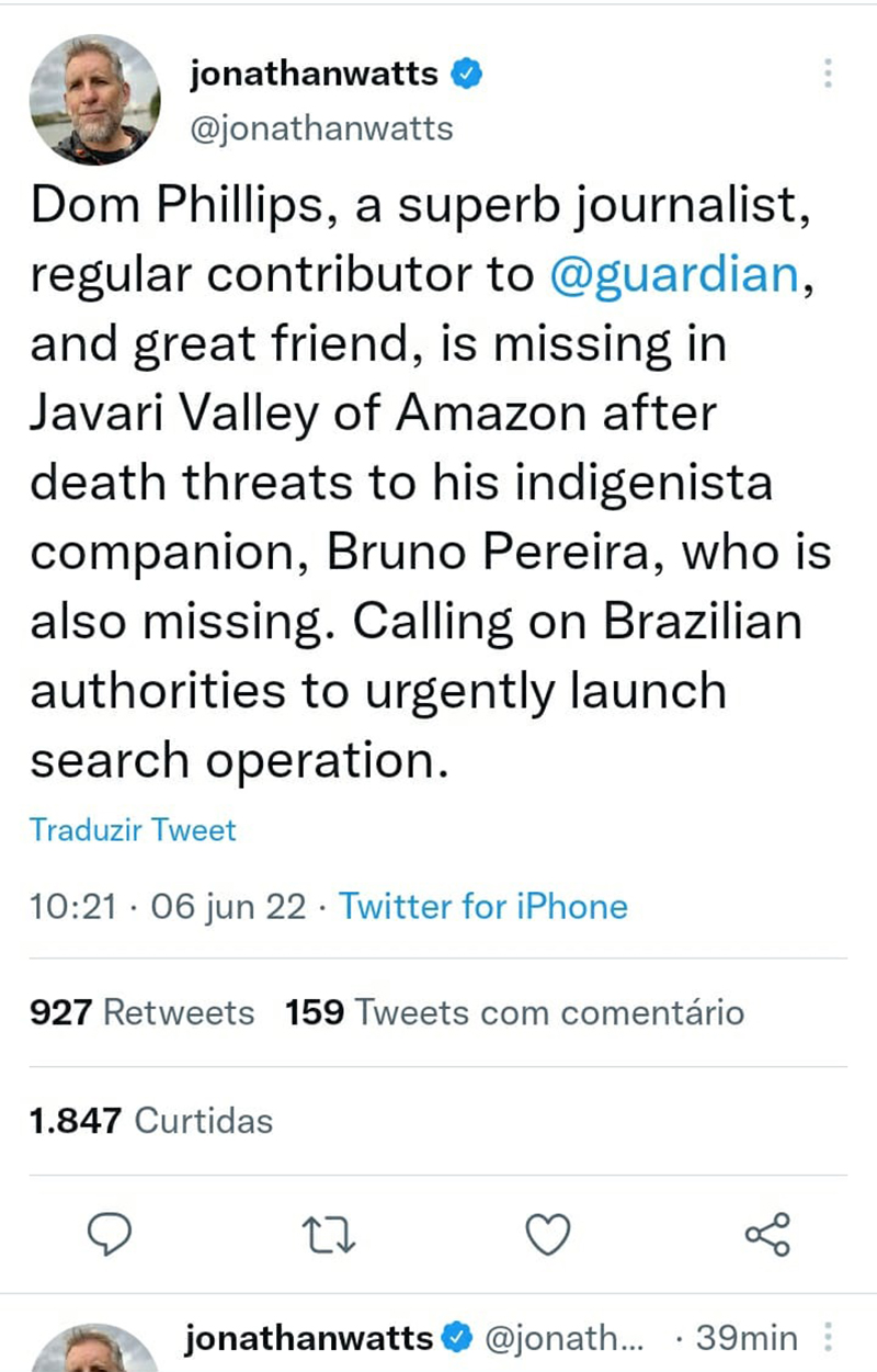 Nota no Twitter sobre jornalista desaparecido no Vale do Javari