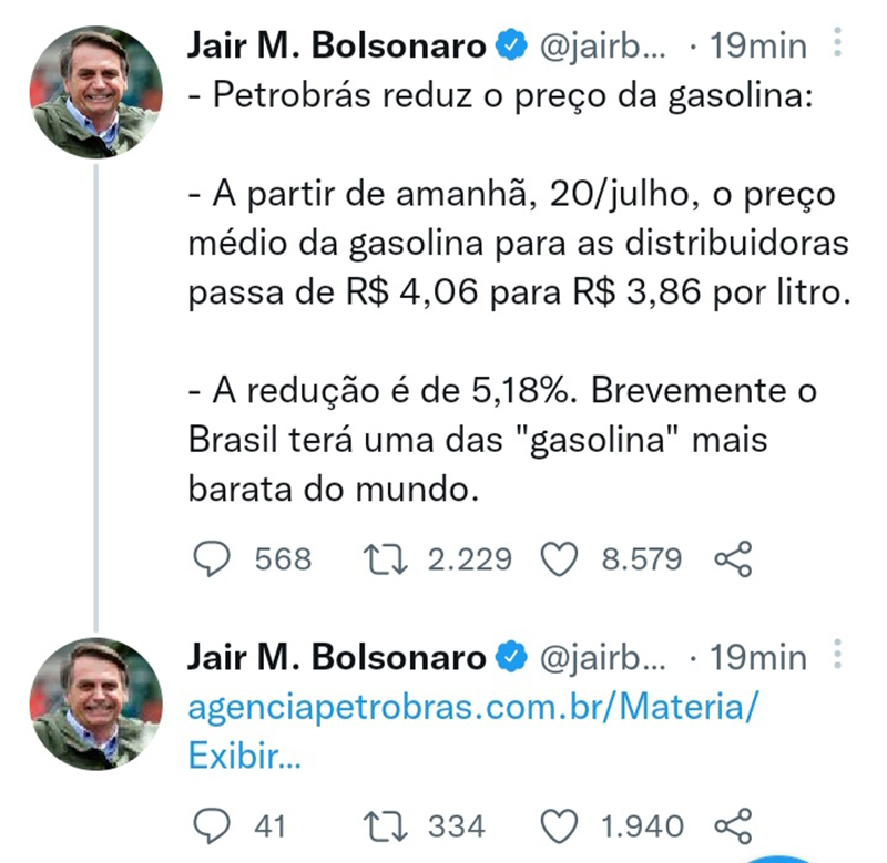 Bolsonaro anuncia queda no preço da gasolina