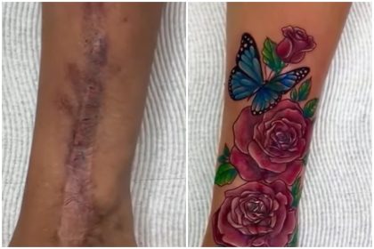 Antes e depois: tatuagem cobre marcas de violência no braço (Foto: YouTube/Reprodução)