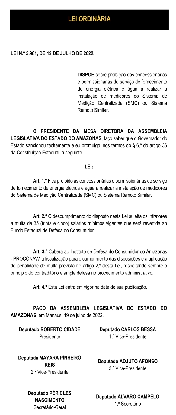 Lei 5.981/2022 - proíbe instalação de novos medidores de energia