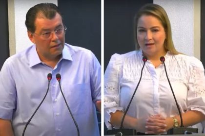 Os candidatos ao governo do AM, Eduardo Braga e Carol Braz, em debate realizado no dia 7 de agosto na TV Rio Negro (Foto: Reprodução/Youtube)