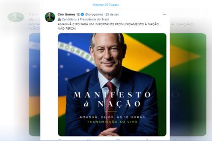 Anúncio do pronunciamento de Ciro Gomes no Twitter (Foto: Twitter/Reprodução)