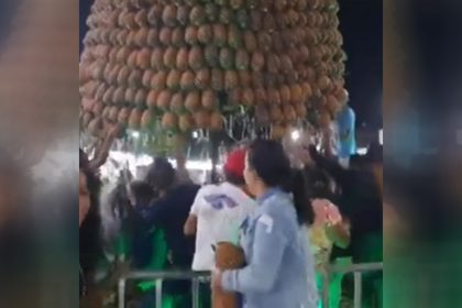 Escultura de abacaxis desabonou sobre o público (Foto: YouTube/Reprodução)