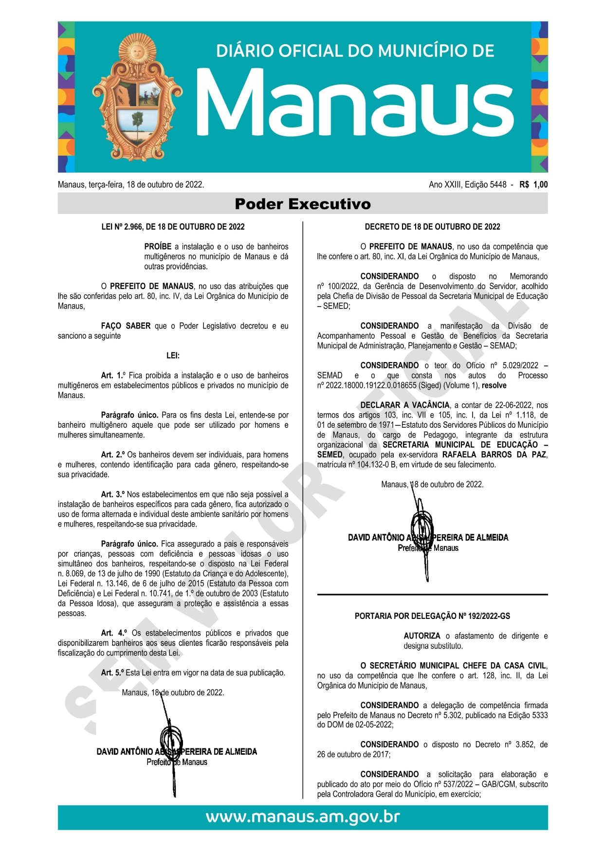 Lei nº 2.966-22 banheiros multigeneros
