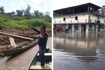 O município de Juruá (à esqu.) sofre co a estiagem; e Tefé (à dir.), com a fortes chuvas (Foto: Divulgação/Defesa Civil)