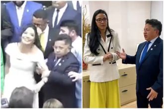 Antes e depois: após puxão em deputada, Sinésio alegou que foi brincadeira com Mayara (Fotos: Redes sociais/Reprodução)