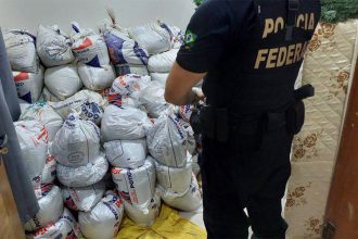 Agente federal vigia sacos com material apreendido em operação (Foto: PF/Divulgação)
