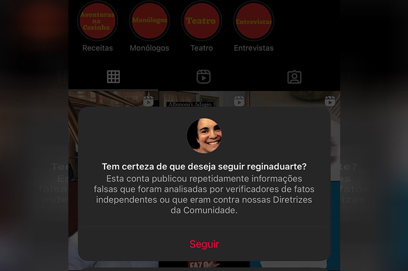 Aviso do Instagram para quem deseja seguir Regina Duarte (Foto: Instagram/Reprodução)