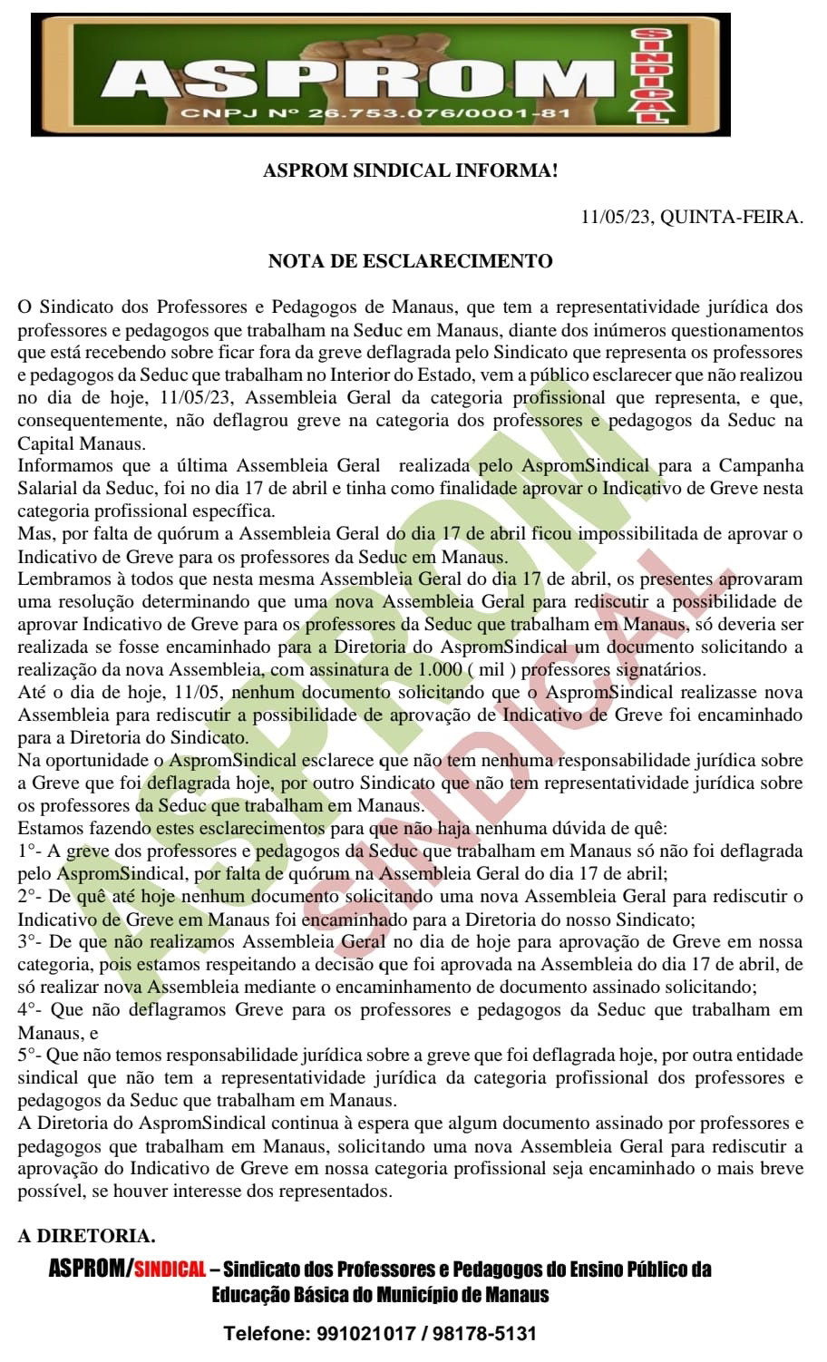 Asprom nota greve de professores