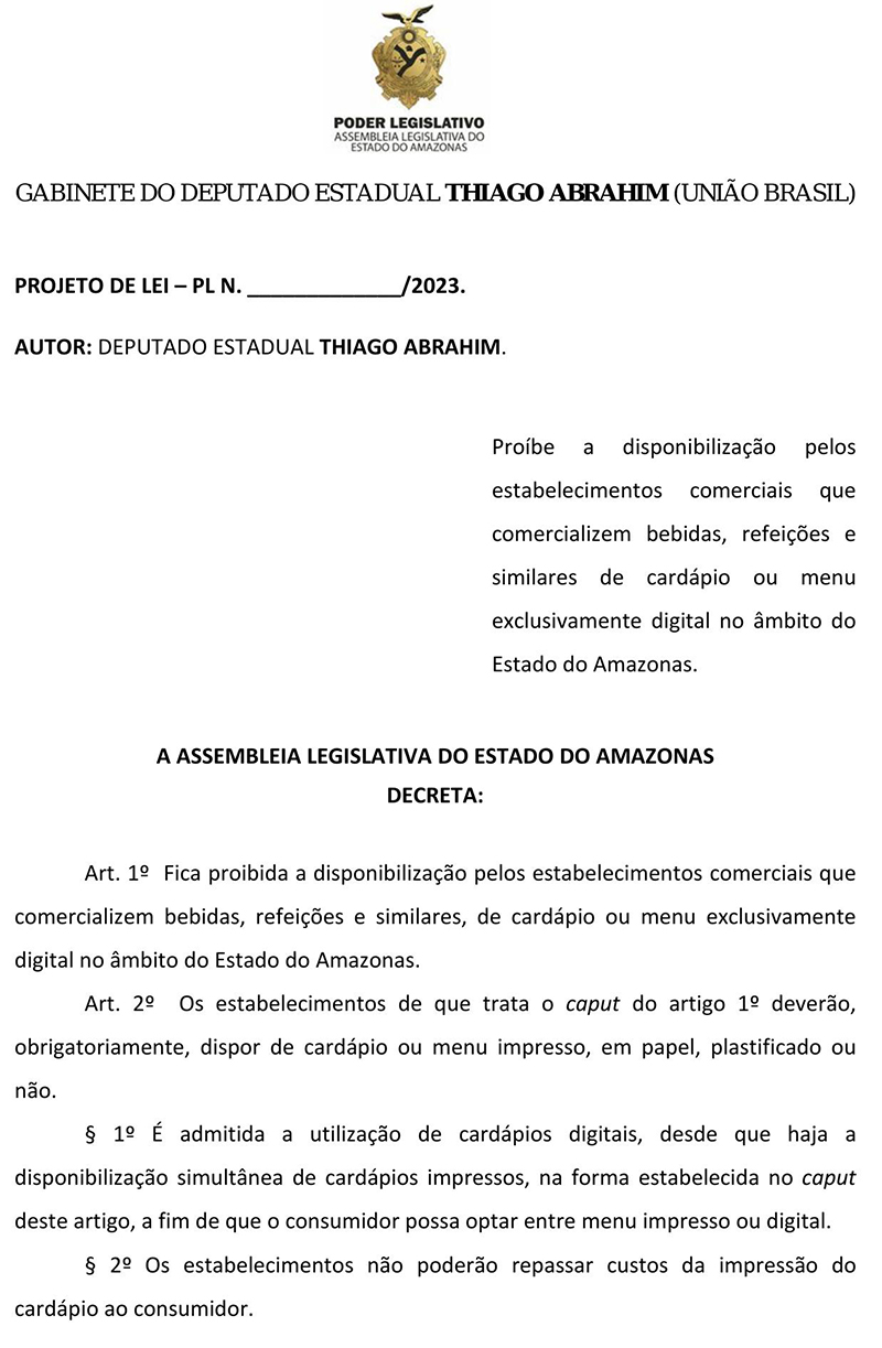 Projeto sobre proibição de cardápio em QR Code