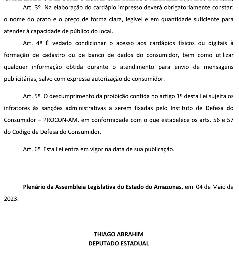 Projeto sobre proibição de cardápio em QR Code
