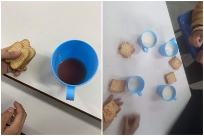 Fotos bolacha e suco na merenda escolar foram publicadas nas redes sociais (Foto: WhatsApp/Reprodução)