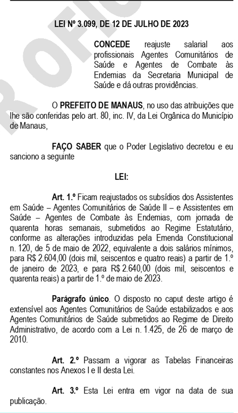 Lei sobre reajuste de salário dos agentes de saúde 