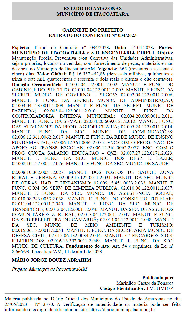 Extrato de Contrato da Prefeitura de Itacoatiara