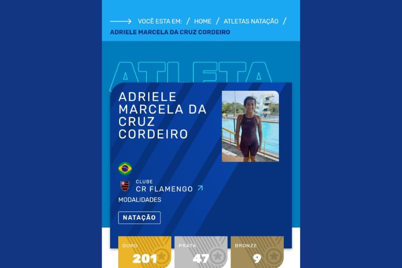 Registro de Adriele Marcelo como atleta do Flamengo no site da CBDA