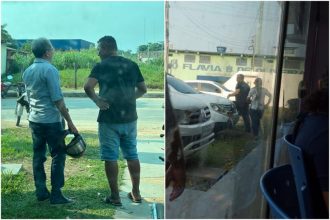 Agressor (de bermuda) compareceu à delegacia acompanhado de advogado, enquando vítima (segunda foto) foi encaminhada para realizar exame de corpo de eleito (Fotos: Divulgação)