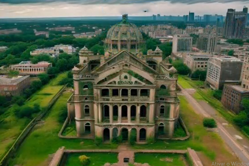 Teatro Amazonas em ruínas na projeção de vídeo feito por inteligência artificial (Imagem: X Twitter/Reprodução)