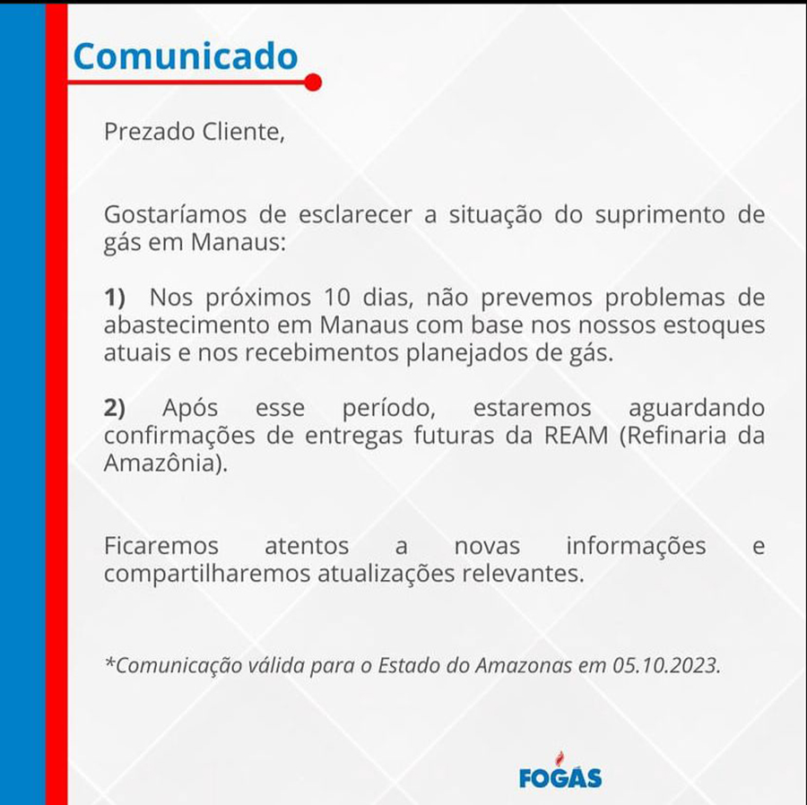 Comunicado da Fogás sobre abastecimento em Manaus